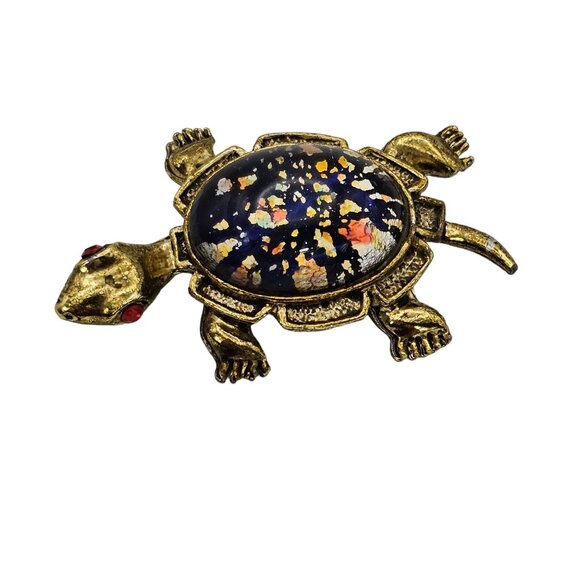 VTG Brooch Turtle Gold Tone Glass Cabochon Red Eye Whimsical Sea Creature Pin - Picture 2 of 12